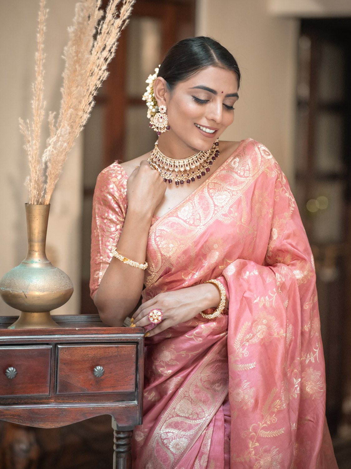 Light Pink Color Pure Banarasi Golden Zari Weaving and Soft Silk Saree