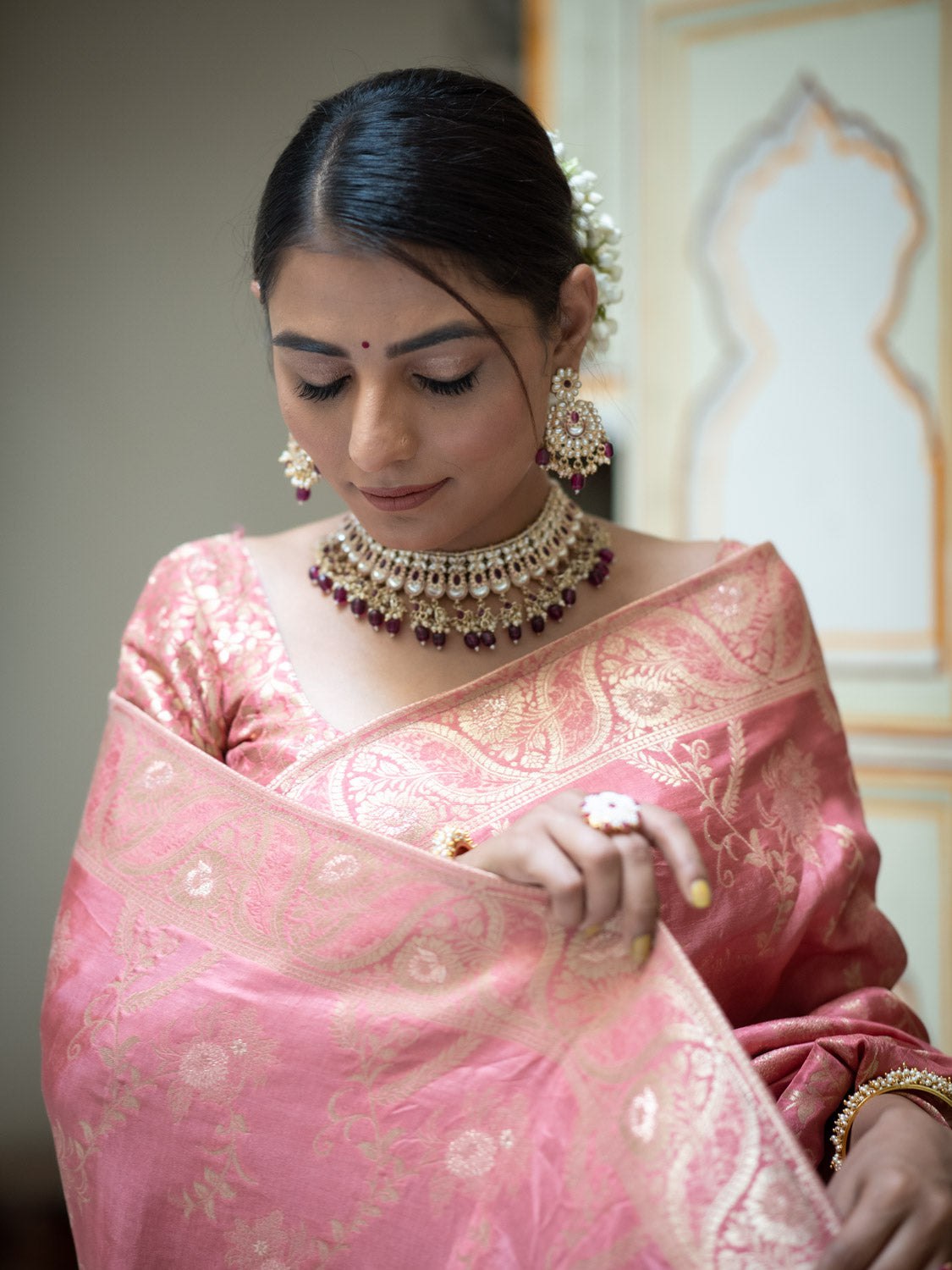 Light Pink Color Pure Banarasi Golden Zari Weaving and Soft Silk Saree