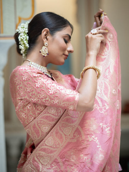 Light Pink Color Pure Banarasi Golden Zari Weaving and Soft Silk Saree