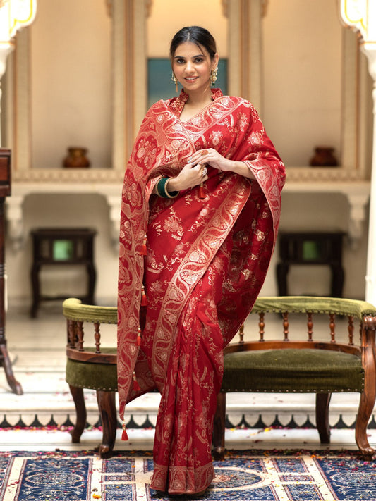 Red Color Pure Banarasi Golden Zari Weaving and Soft Silk Saree