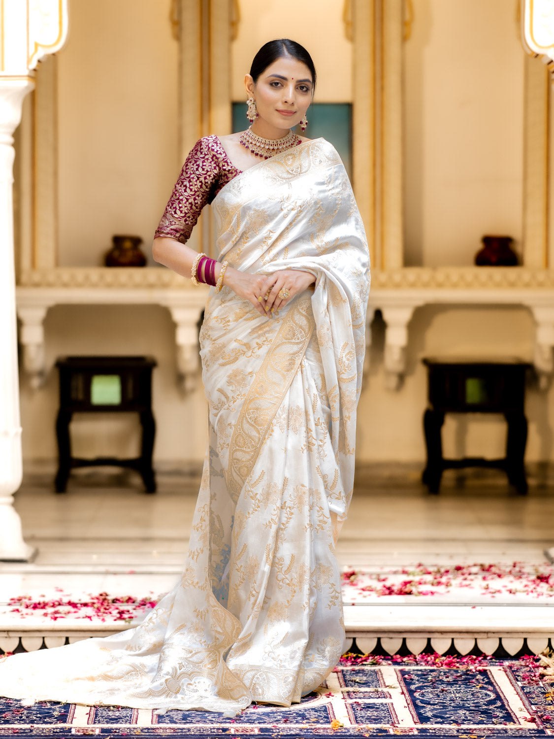 White Color Pure Banarasi Golden Zari Weaving and Soft Silk Saree