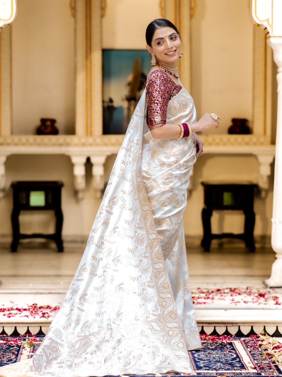 White Color Pure Banarasi Golden Zari Weaving and Soft Silk Saree