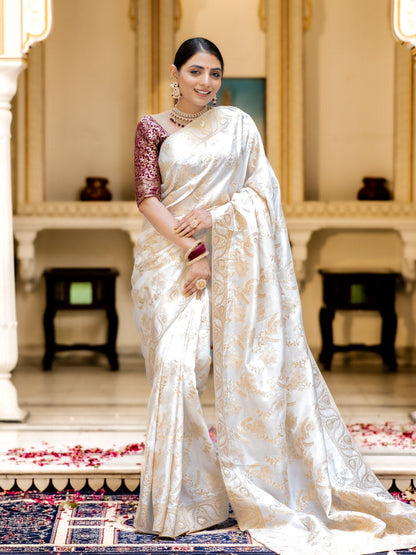 White Color Pure Banarasi Golden Zari Weaving and Soft Silk Saree