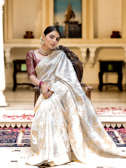 White Color Pure Banarasi Golden Zari Weaving and Soft Silk Saree