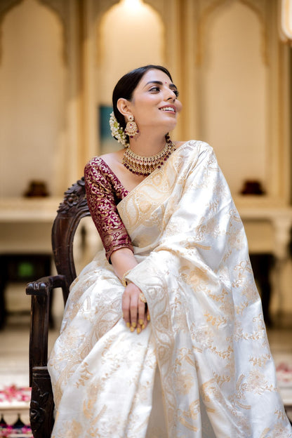 White Color Pure Banarasi Golden Zari Weaving and Soft Silk Saree