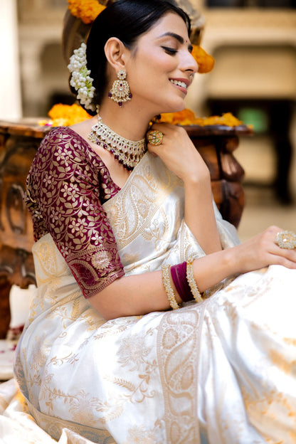 White Color Pure Banarasi Golden Zari Weaving and Soft Silk Saree