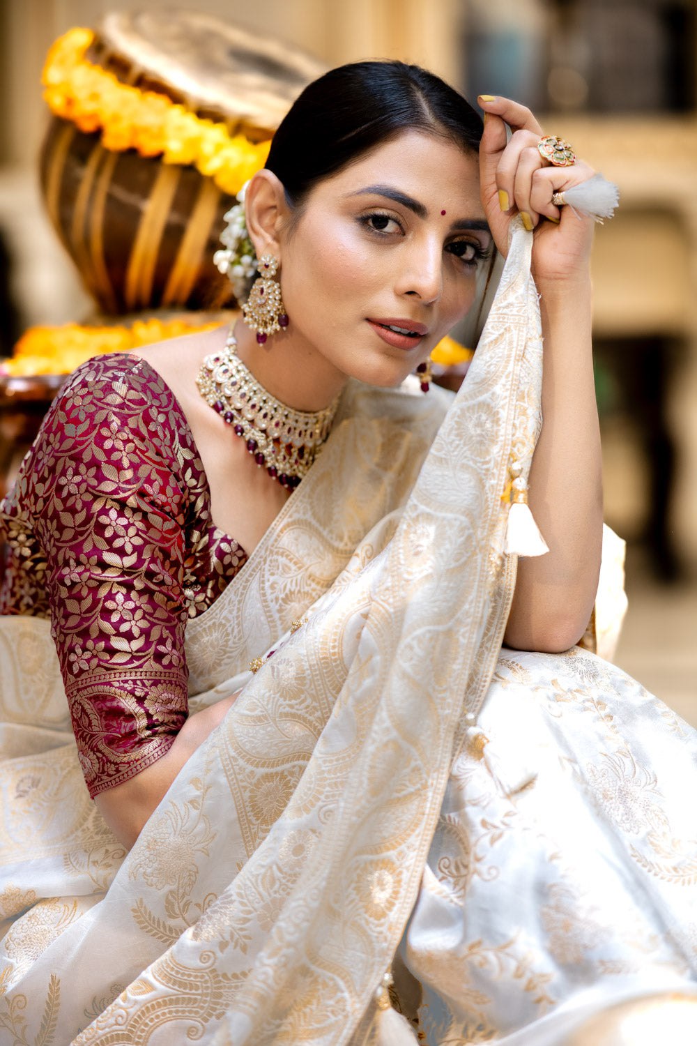 White Color Pure Banarasi Golden Zari Weaving and Soft Silk Saree