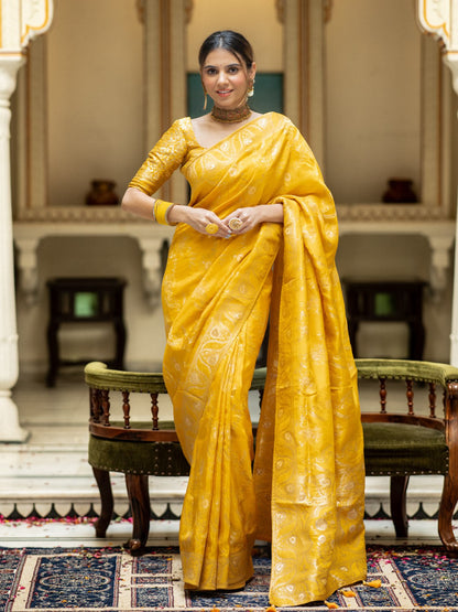 Yellow Color Pure Banarasi Golden Zari Weaving and Soft Silk Saree