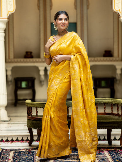 Yellow Color Pure Banarasi Golden Zari Weaving and Soft Silk Saree