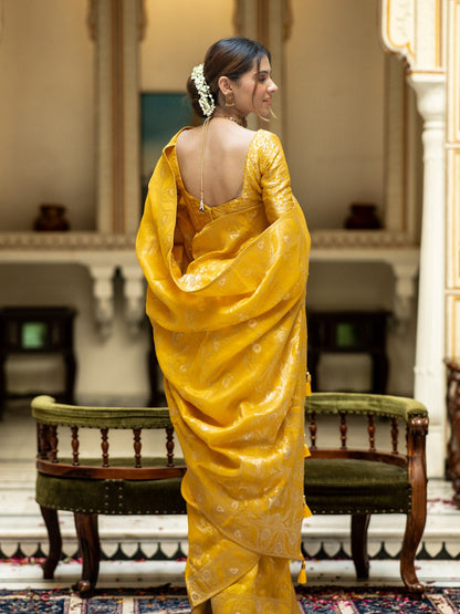 Yellow Color Pure Banarasi Golden Zari Weaving and Soft Silk Saree