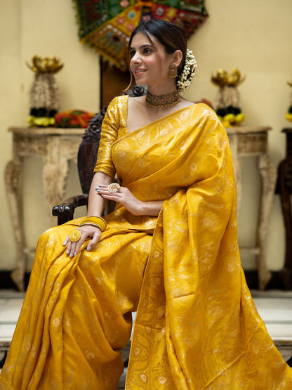 Yellow Color Pure Banarasi Golden Zari Weaving and Soft Silk Saree