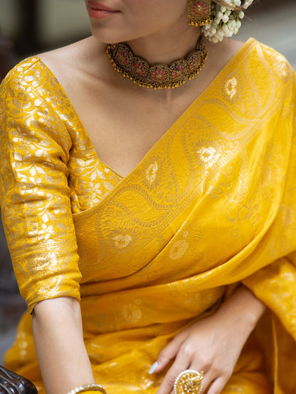 Yellow Color Pure Banarasi Golden Zari Weaving and Soft Silk Saree