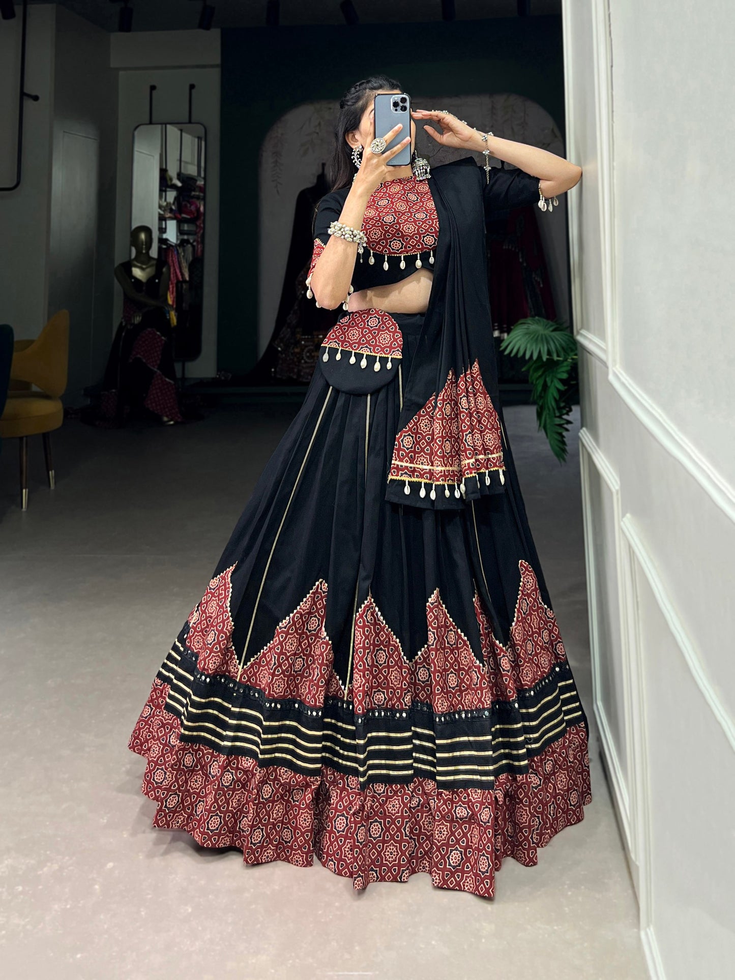 Black Color Pure Cotton Plain With Printed And Paper Mirror Work Lace And Gota Patti Stitched Lehenga Choli