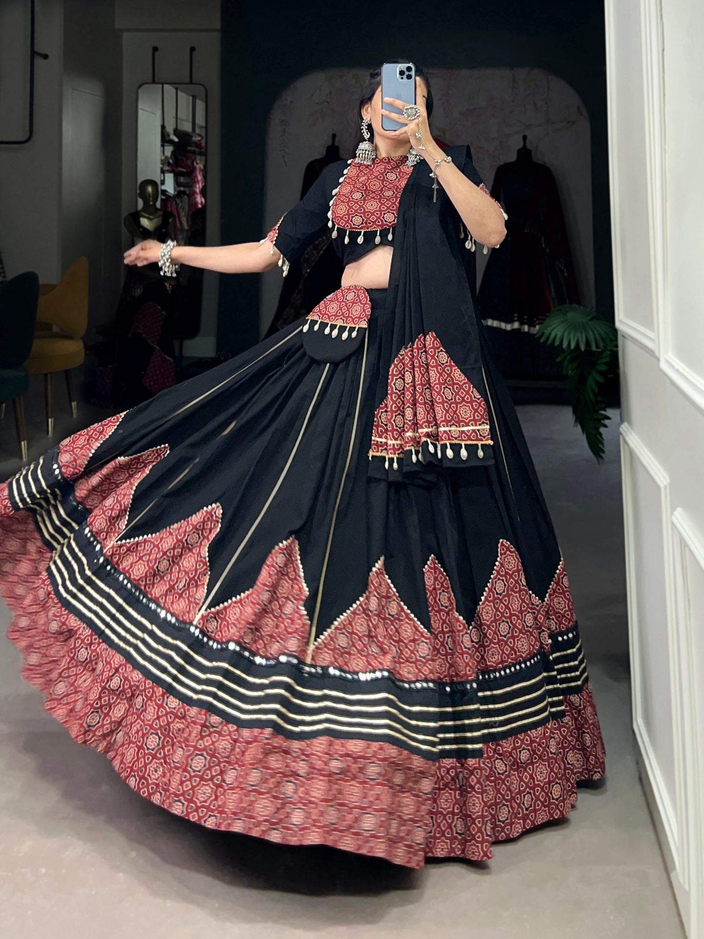 Black Color Pure Cotton Plain With Printed And Paper Mirror Work Lace And Gota Patti Stitched Lehenga Choli