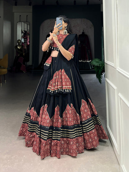 Black Color Pure Cotton Plain With Printed And Paper Mirror Work Lace And Gota Patti Stitched Lehenga Choli