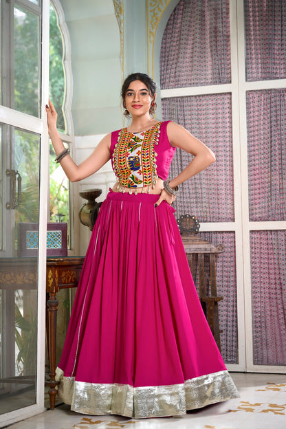 Pink Color Rayon Plain And Lace Border With Gotta Patti Navratri Lehenga Choli