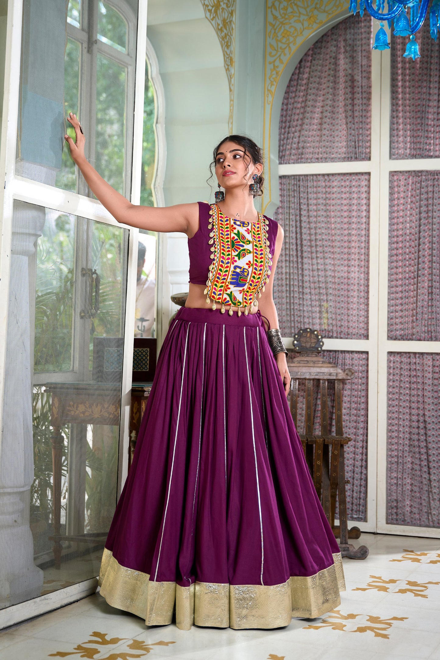 Wine Color Rayon Plain And Lace Border With Gotta Patti Navratri Lehenga Choli