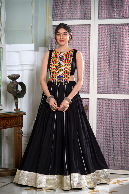 Black Color Rayon Plain And Lace Border With Gotta Patti Navratri Lehenga Choli