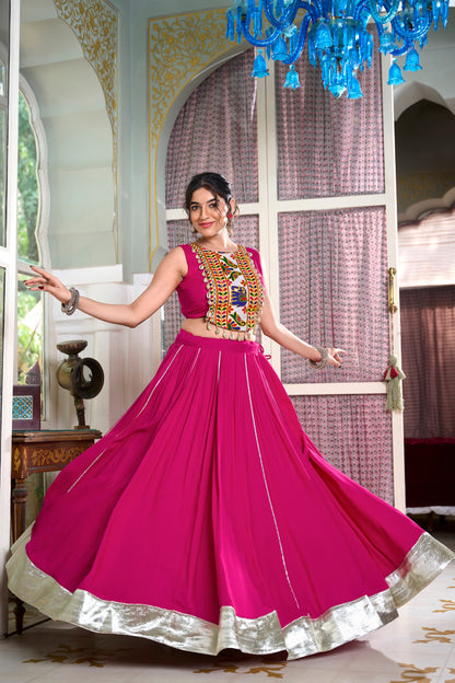 Pink Color Rayon Plain And Lace Border With Gotta Patti Navratri Lehenga Choli