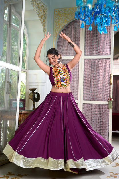 Wine Color Rayon Plain And Lace Border With Gotta Patti Navratri Lehenga Choli