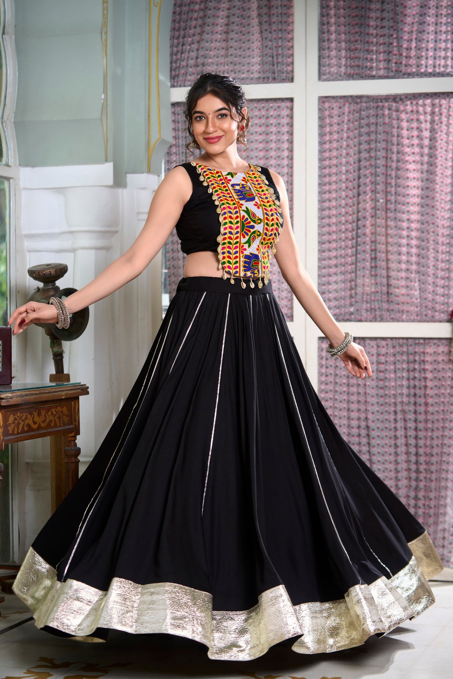 Black Color Rayon Plain And Lace Border With Gotta Patti Navratri Lehenga Choli