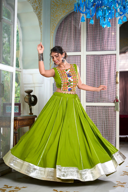 Parrot Color Rayon Plain And Lace Border With Gotta Patti Navratri Lehenga Choli