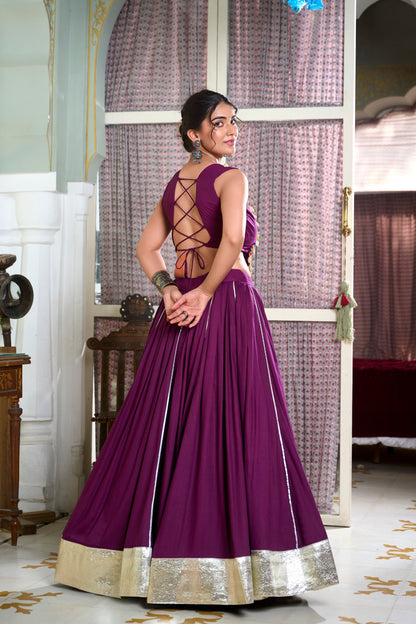 Wine Color Rayon Plain And Lace Border With Gotta Patti Navratri Lehenga Choli