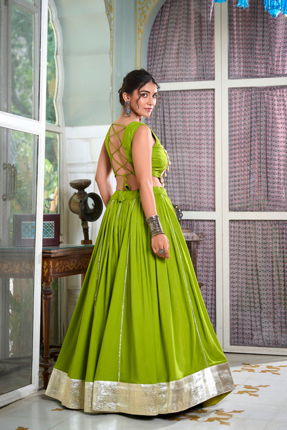 Parrot Color Rayon Plain And Lace Border With Gotta Patti Navratri Lehenga Choli