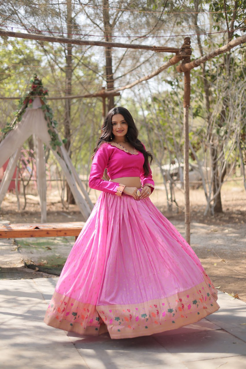 Pink Color Pure Dayble Viscose Jequard With Kalamkari Jari Border Lehenga Choli