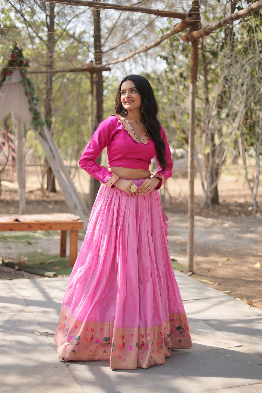 Pink Color Pure Dayble Viscose Jequard With Kalamkari Jari Border Lehenga Choli