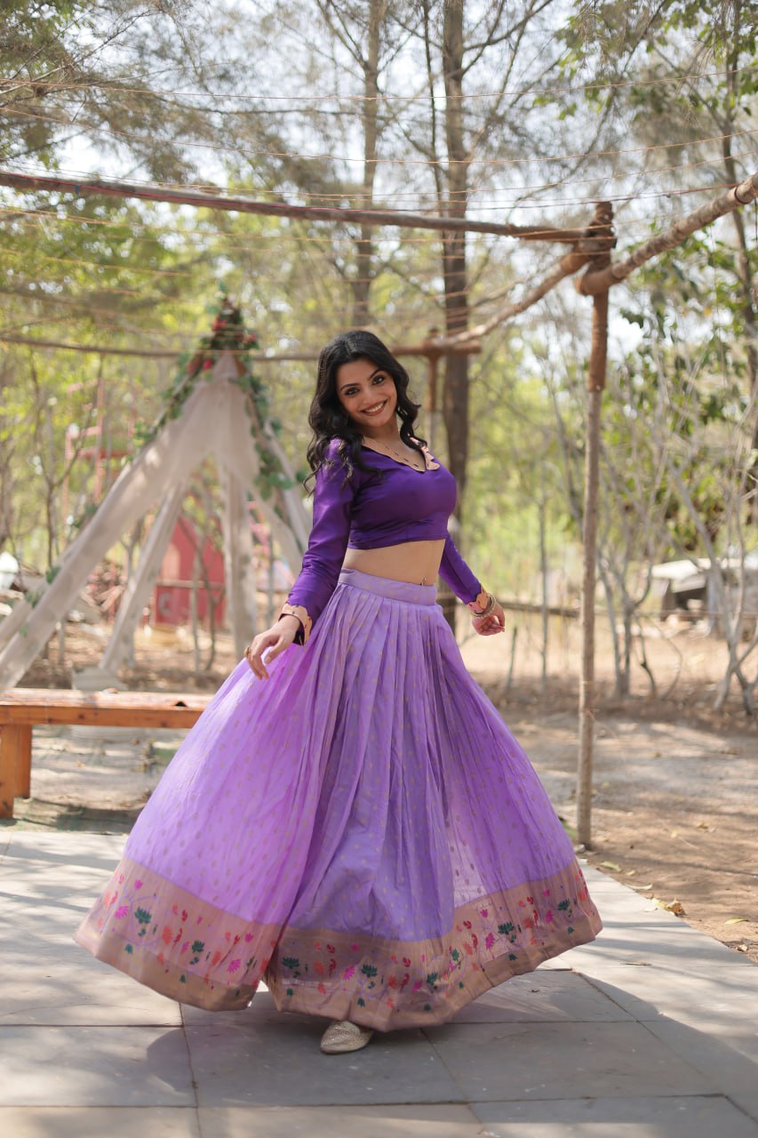 Lavender Color Pure Dayble Viscose Jequard With Kalamkari Jari Border Lehenga Choli