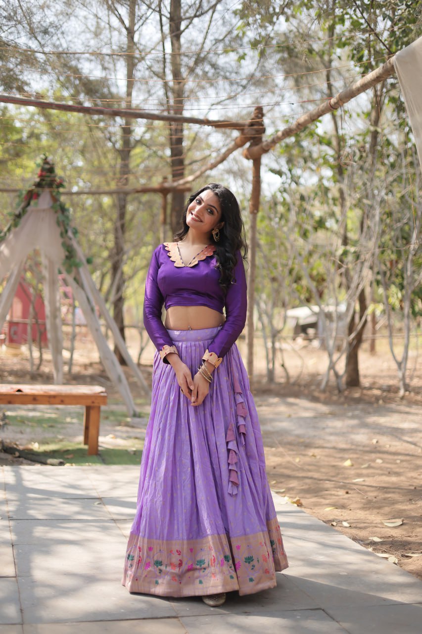 Lavender Color Pure Dayble Viscose Jequard With Kalamkari Jari Border Lehenga Choli