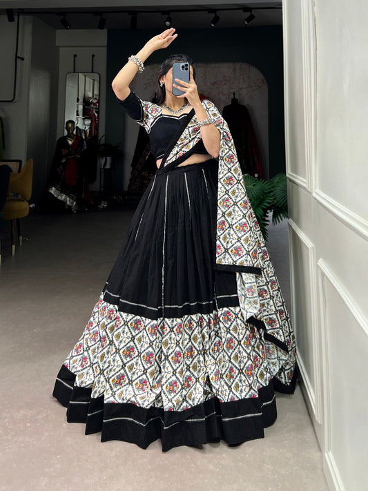 Black Color Pure Cotton Plain And Foiled Patola Print With Gota Patti Stitched Navratri Lehenga Choli