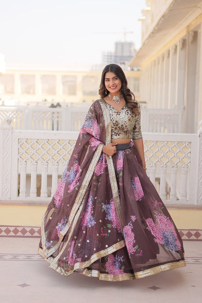 Coffee Color Digital Printed Russian Silk With Sequins Embroidered Work Full Stitched Lehenga Choli