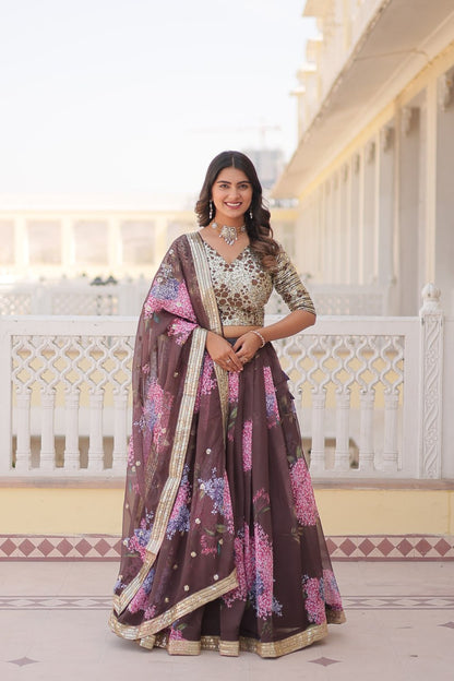 Coffee Color Digital Printed Russian Silk With Sequins Embroidered Work Full Stitched Lehenga Choli