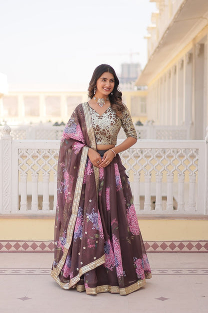 Coffee Color Digital Printed Russian Silk With Sequins Embroidered Work Full Stitched Lehenga Choli