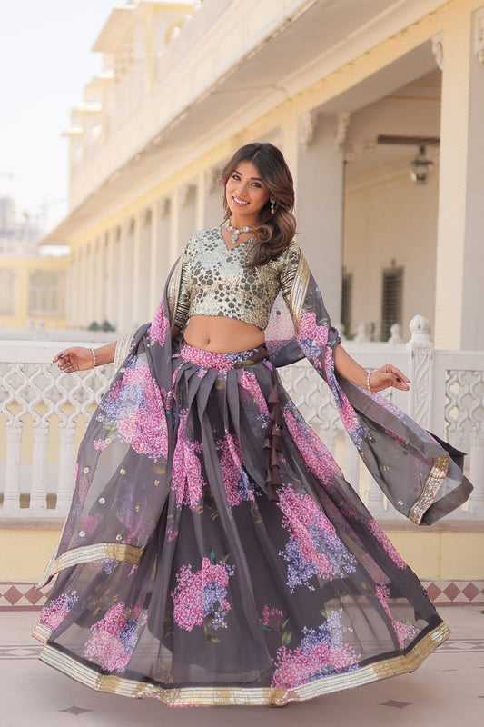 Grey Color Digital Printed Russian Silk With Sequins Embroidered Work Full Stitched Lehenga Choli