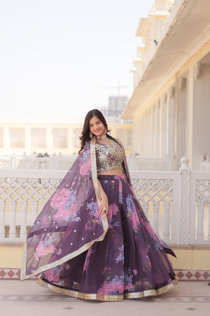 Onion Color Digital Printed Russian Silk With Sequins Embroidered Work Full Stitched Lehenga Choli