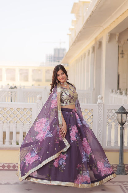 Onion Color Digital Printed Russian Silk With Sequins Embroidered Work Full Stitched Lehenga Choli