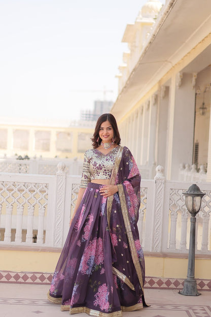 Onion Color Digital Printed Russian Silk With Sequins Embroidered Work Full Stitched Lehenga Choli