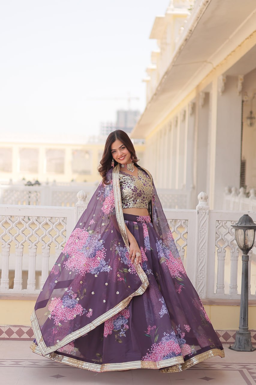 Onion Color Digital Printed Russian Silk With Sequins Embroidered Work Full Stitched Lehenga Choli