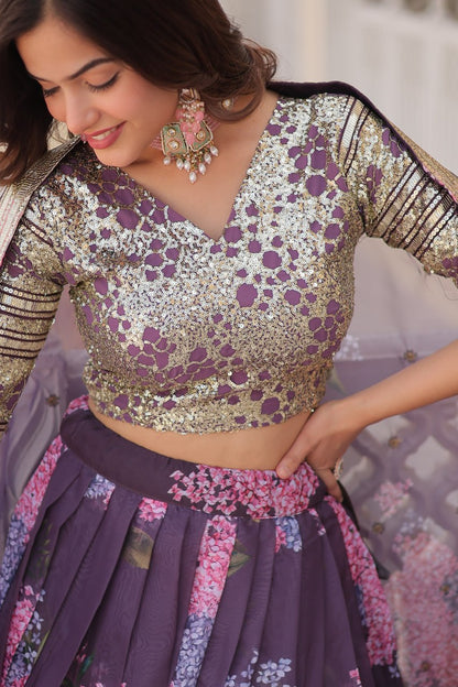 Onion Color Digital Printed Russian Silk With Sequins Embroidered Work Full Stitched Lehenga Choli