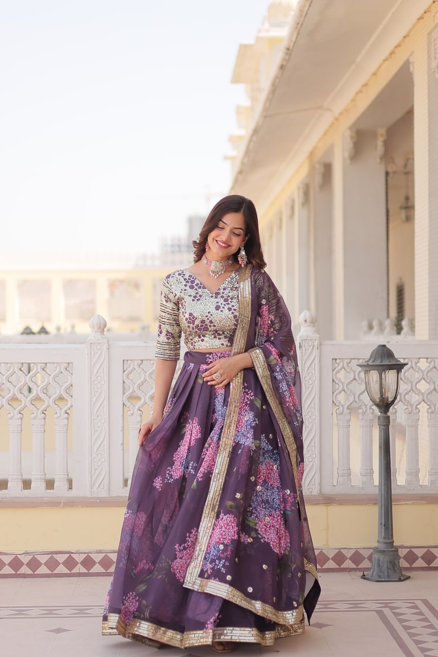 Onion Color Digital Printed Russian Silk With Sequins Embroidered Work Full Stitched Lehenga Choli