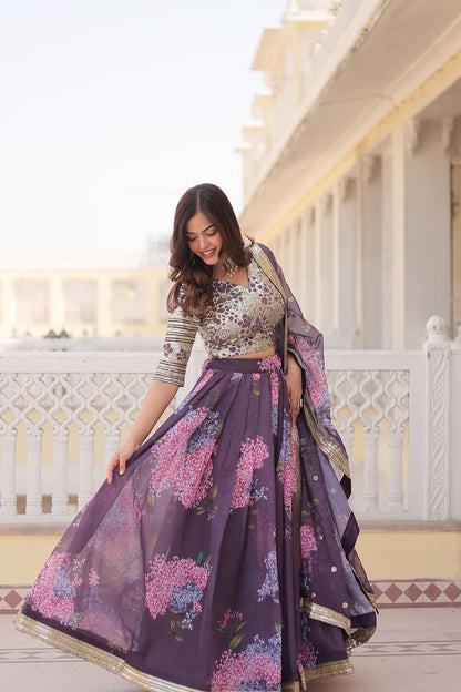 Onion Color Digital Printed Russian Silk With Sequins Embroidered Work Full Stitched Lehenga Choli