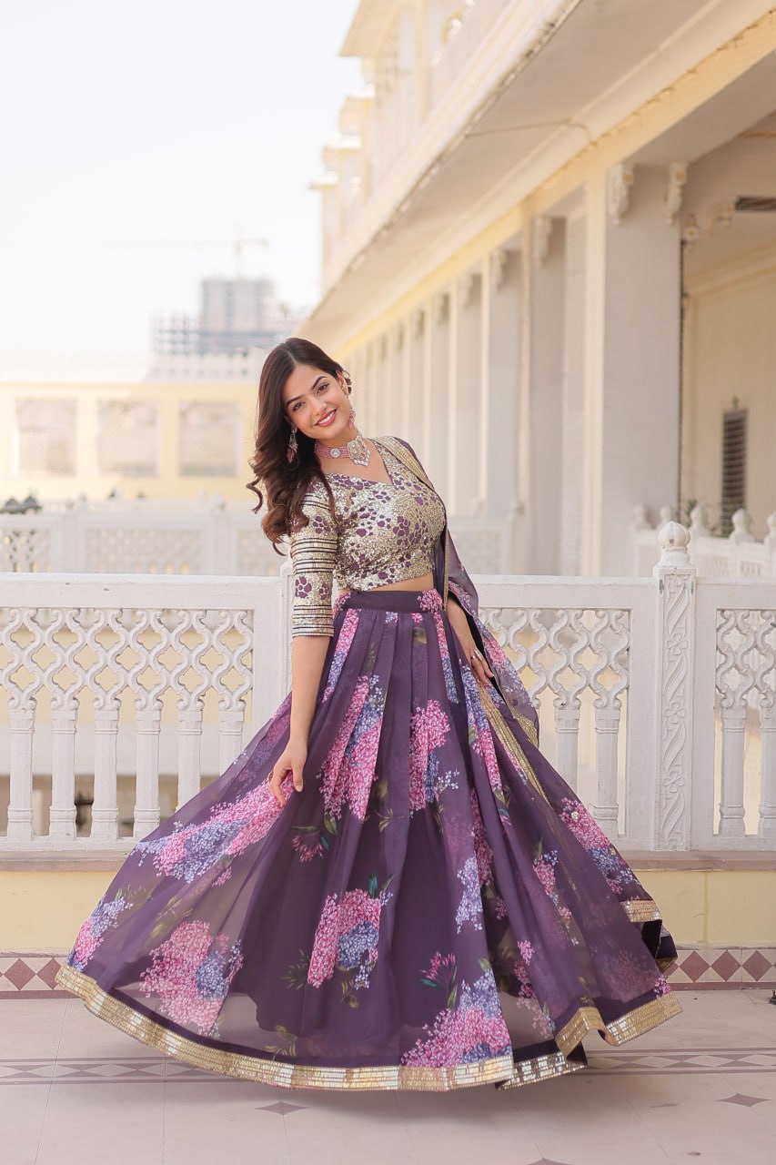 Onion Color Digital Printed Russian Silk With Sequins Embroidered Work Full Stitched Lehenga Choli