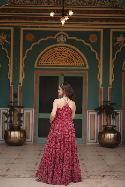 Maroon Color Bandhani Print Work with Kutchi Patchework in Faux Georgette Navratri Gown