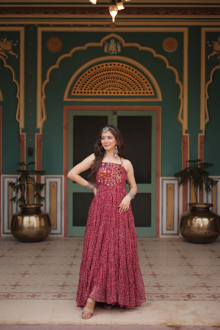 Maroon Color Bandhani Print Work with Kutchi Patchework in Faux Georgette Navratri Gown