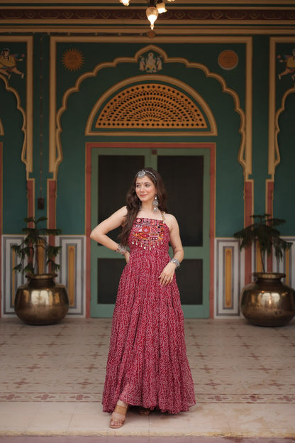 Maroon Color Bandhani Print Work with Kutchi Patchework in Faux Georgette Navratri Gown