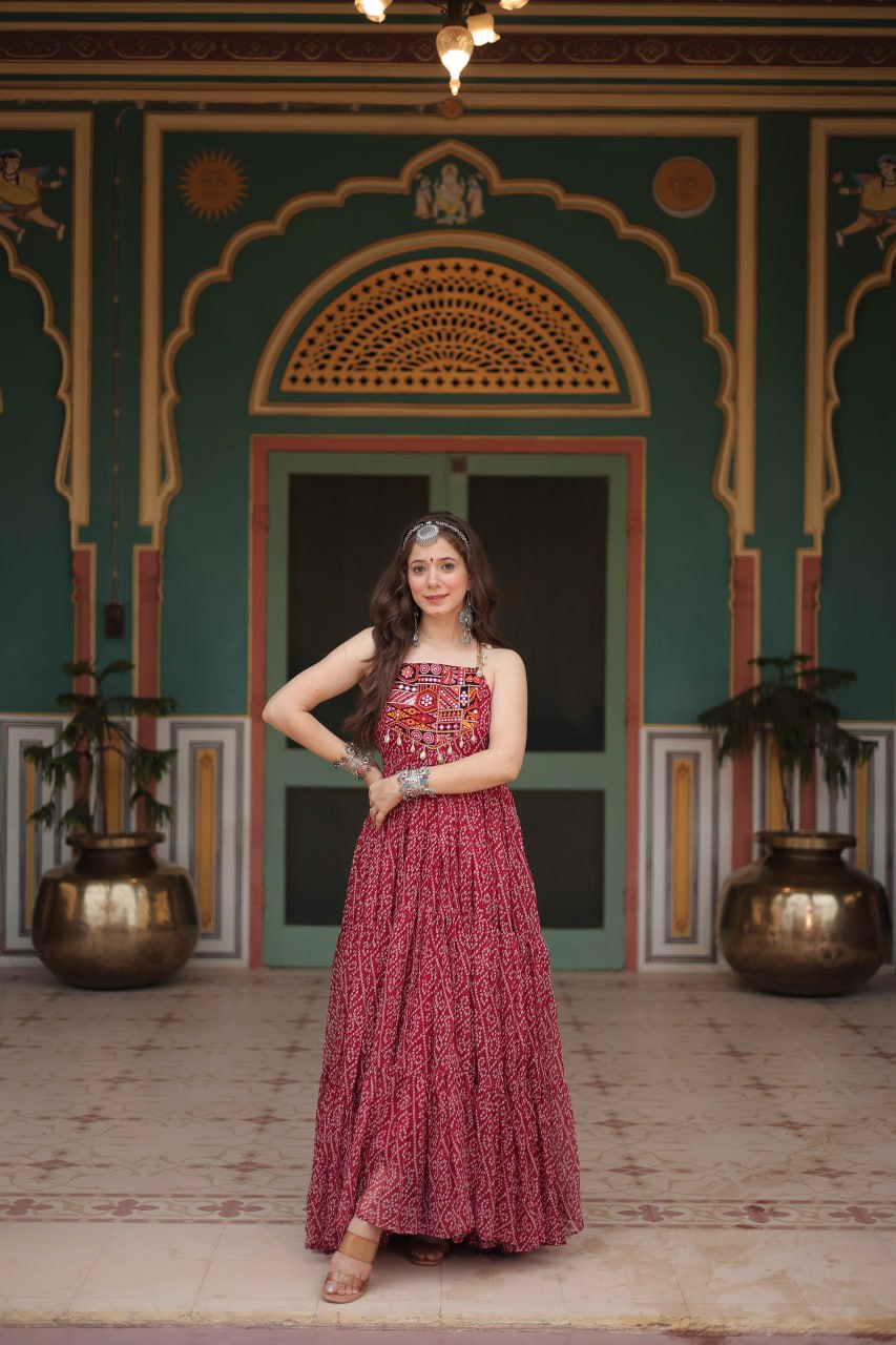 Maroon Color Bandhani Print Work with Kutchi Patchework in Faux Georgette Navratri Gown