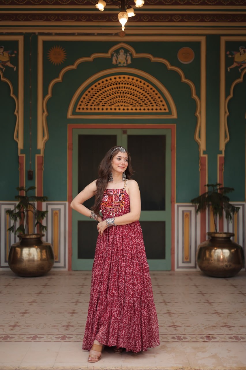 Maroon Color Bandhani Print Work with Kutchi Patchework in Faux Georgette Navratri Gown